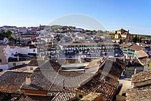 aerial view of the medieval town of chinchon in Madrid, old houses, churches and central square