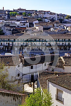 aerial view of the medieval town of chinchon in Madrid, old houses, churches and central square