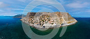 Aerial view of medieval town of Monemvasia located on small island in Lakonia of Peloponnese, Greece