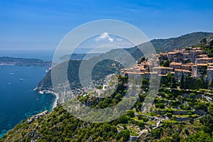 Aerial view of medieval village of Eze, on the Mediterranean coastline landscape and mountains, French Riviera coast, Cote d`Azur