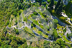 Aerial view of medieval village of Eze, on the Mediterranean coastline landscape and mountains, French Riviera coast, Cote d`Azur