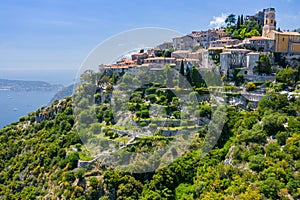 Aerial view of medieval village of Eze, on the Mediterranean coastline landscape and mountains, French Riviera coast, Cote d`Azur