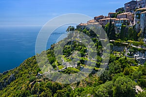 Aerial view of medieval village of Eze, on the Mediterranean coastline landscape and mountains, French Riviera coast, Cote d`Azur