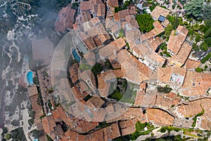 Aerial view of medieval village of Eze, on the Mediterranean coastline landscape and mountains, French Riviera coast, Cote d`Azur