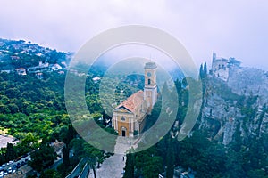 Aerial view of medieval village of Eze, on the Mediterranean coastline landscape and mountains, French Riviera coast, Cote d`Azur