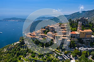 Aerial view of medieval village of Eze, on the Mediterranean coastline landscape and mountains, French Riviera coast, Cote d`Azur photo