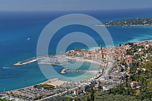 Aerial view of the Mediterranean coast by Menton, France