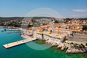 Aerial view of mediterranean coastal old town Krk, Island Krk, Croatia