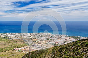 Aerial view on the Mediterranean sea and Benalmadena town. Provence of Malaga, Costa del Sol, Andalusia, Southern Spain