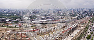 aerial view of mega project of sky trains and land transportation in heart of bangkok thailand