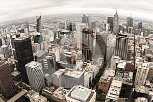 Aerial view of Melbourne, Australia taken from the Rialto tower. Fisheye image