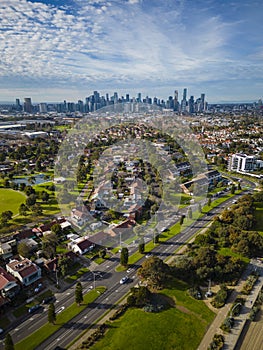 Aerial view of Melbourne CBD and coastal suburb