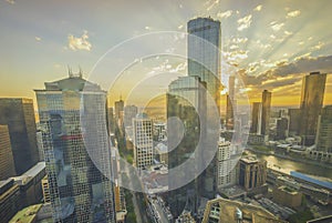 An aerial view of Melbourne cityscape including Yarra River and