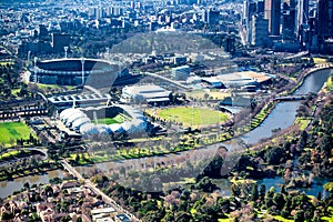 Aerial view of Melbourne Stadium and Sport Complex from helicopt