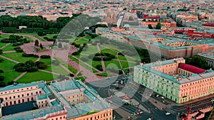 Aerial view of memorable places of the Field of Mars in Russia, Saint-Petersburg, Suvorov's square, exit Trinity