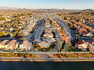 Aerial view of Menifee Lake and neighborhood, residential subdivision vila during sunset. photo