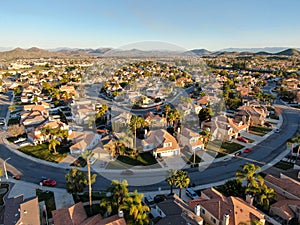 Aerial view of Menifee neighborhood, residential subdivision vila during sunset.