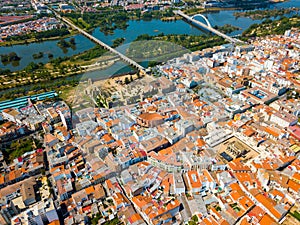 Aerial view of Merida with Roman Bridge and Lusitania Bridge