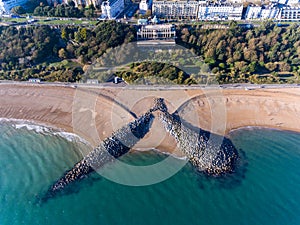 Aerial view of Mermaid Sea defence in Folkestone Kent by drone