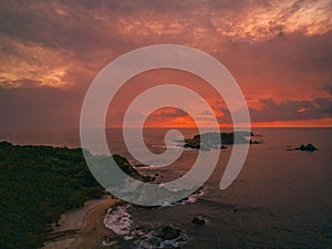 Aerial view of the mesmerizing sunset over the Manzanillera beach