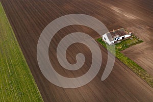 Aerial view of messuage farm house in Vojvodina, Serbia