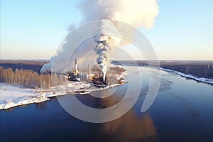 Aerial view of metallurgical plant at dawn emitting smoke and smog concerns over bad ecology