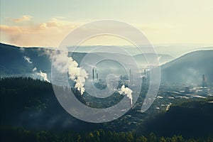 Aerial view of metallurgical plant at dawn emitting smoke and smog, contributing to poor ecology
