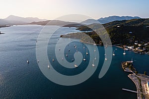 Aerial view of the Methana sea yaht harbor, Aegean sea.