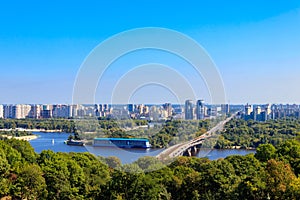 Aerial view of Metro bridge and Dnieper river in Kiev, Ukraine. Kyiv cityscape