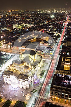 Aerial view of Mexico City, light trails and Bellas Artes