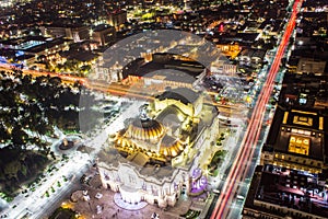 Aerial view of Mexico City, light trails and Bellas Artes photo