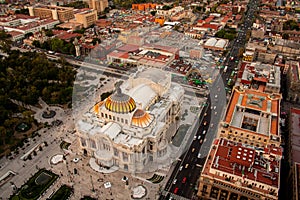 An aerial view of Mexico City and the Palace of Fine Arts