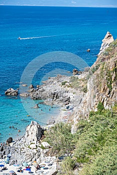 Aerial view of Michelino beach in Parghelia, Tropea. Calabria. Italy.