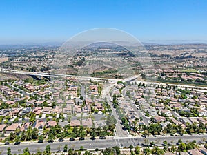 Aerial view of middle class subdivision neighborhood with residential villas