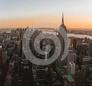 Aerial view of Midtown and lower Manhattan New York City Downtown. Soft morning light sunrise. Financial distict United