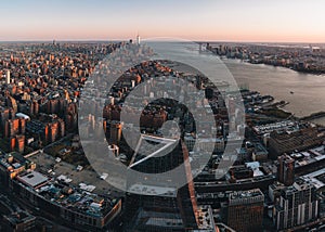 Aerial view of Midtown and lower Manhattan New York City Downtown. Soft morning light sunrise. Financial distict United