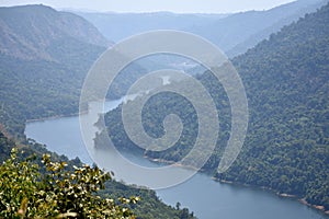 Aerial view of mighty Sharavati river flowing downstream to Gersoopa Dam