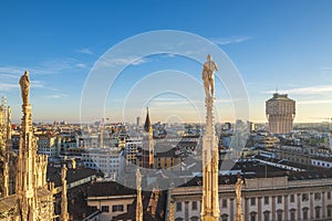 Aerial view of Milan city taken from the rooftop of Milan Cathedral