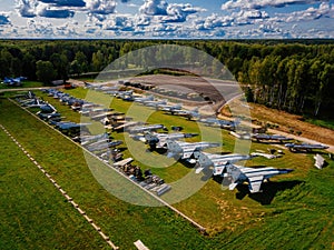 Aerial view of military aircrafts in the airfield