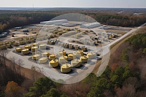 aerial view of military base, with dozens of nuclear waste containers visible