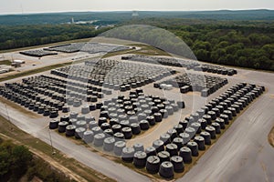 aerial view of military base, with dozens of nuclear waste containers visible