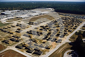 aerial view of military base, with dozens of nuclear waste containers visible