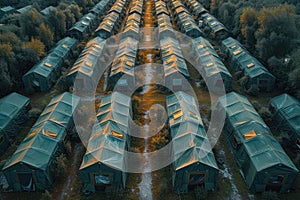 Aerial view of a military base with rows of neatly arranged barracks and facilities