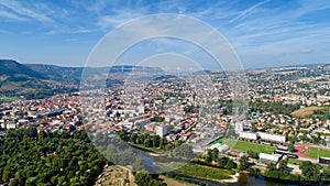 Aerial view of Millau city at sunrise