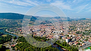 Aerial view of Millau city at sunrise