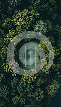 Aerial view of minimalist tennis court captured by drone for a simplistic perspective