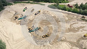 Aerial view of mining machinery working at sand quarry. Mining equipment