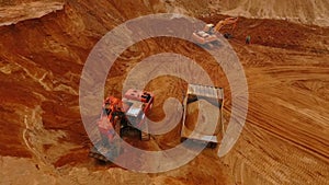 Aerial view of mining machinery working at sand quarry. Mining equipment