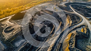 Aerial view of mining operations in a coal mine during sunrise