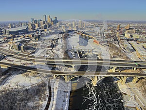 Aerial view of the Minneapolis Skyline during winter